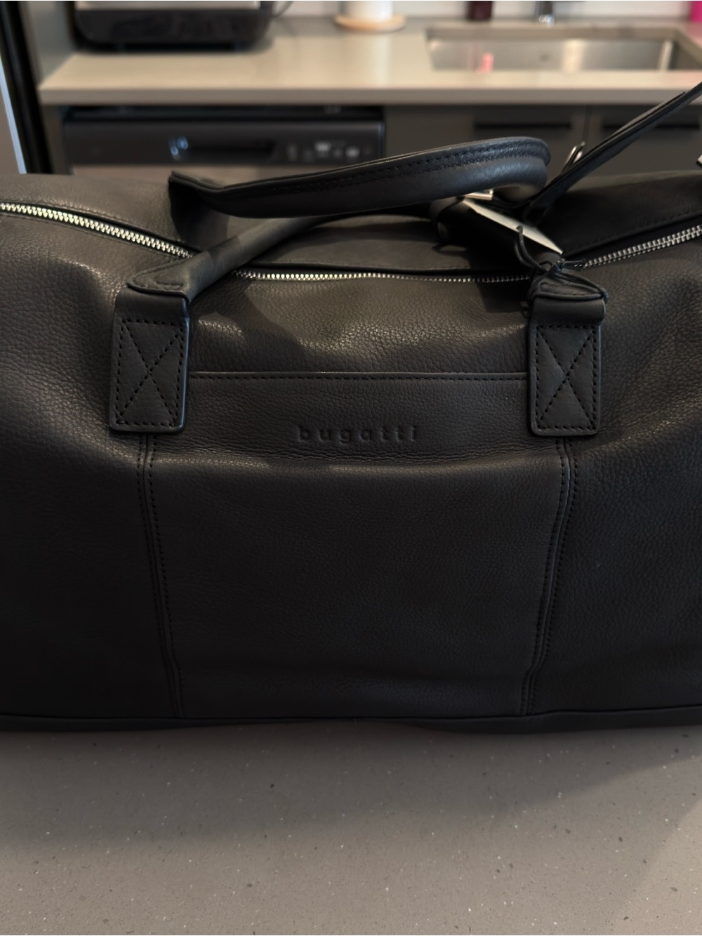 Bugatti Black Leather Travel Duffel Bag